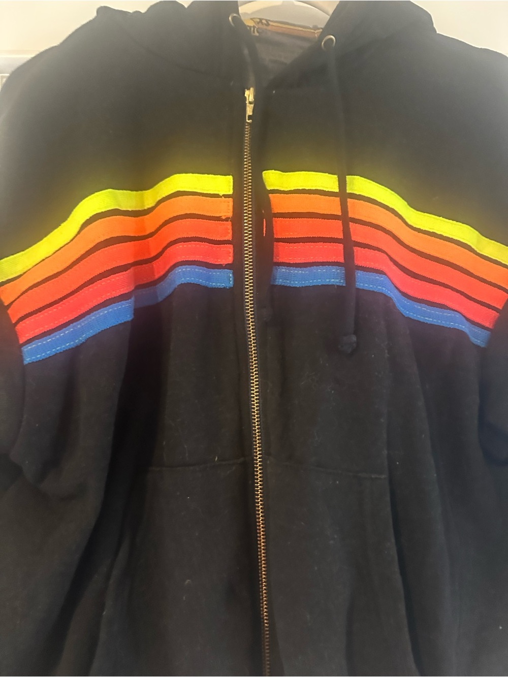 Women's Aviator Nation Hoodie Black Zip-Up Hoodie with Rainbow Stripe Accent